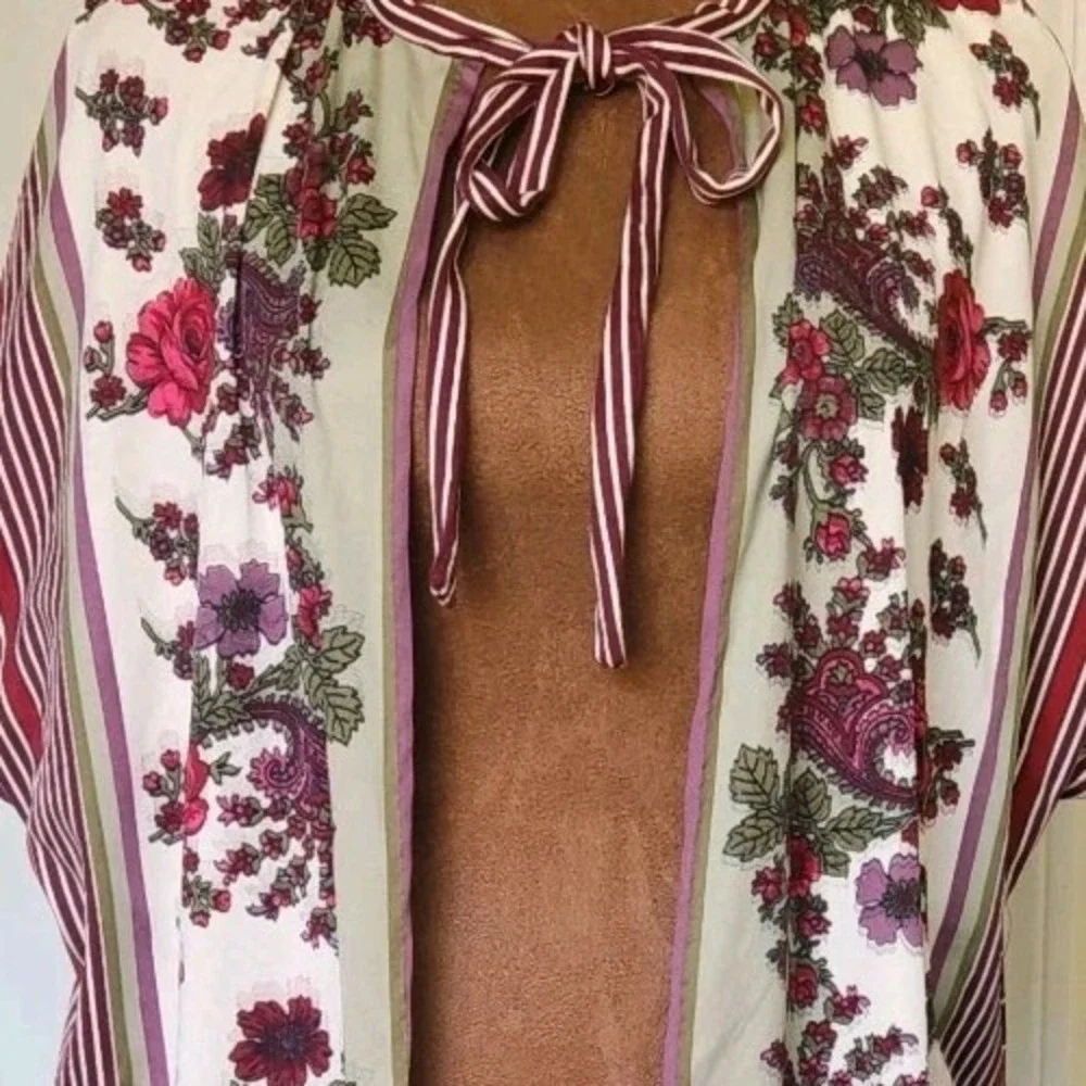 Handmade Vintage Cardigan Robe Short Sleeve Women's Floral Roses Striped‎ OS